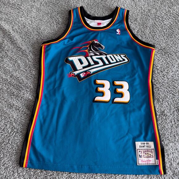 Authentic Mitchell & Ness Grant Hill Pistons 98-99 Away Teal Jersey Tailored 44 - Picture 1 of 13